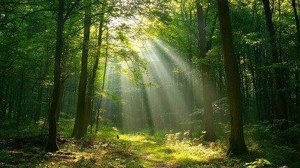 Fototapeta premium Sunlight Filtered Through Lush Green Forest in Tranquil Setting