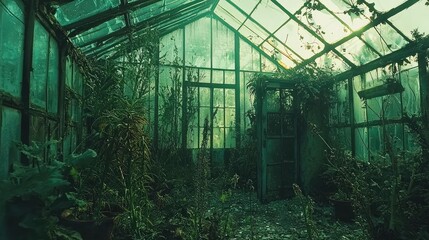 Fototapeta premium Abandoned Glasshouse Filled with Overgrown Plants and Nature