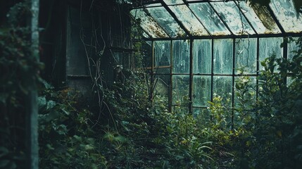 Overgrown Glasshouse Surrounded by Nature's Embrace and Decay