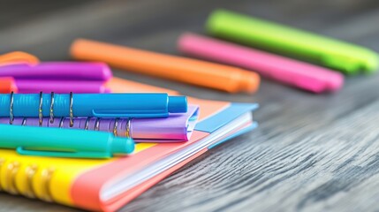 A closeup of a set of colorful highlighters and notebooks on a desk symbolizing a thriving environment where ideas and creativity flourish a motivated individuals.