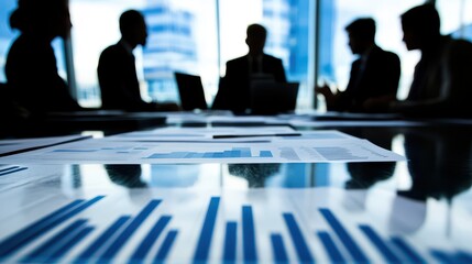 A business meeting with silhouetted professionals gathered around a table, analyzing financial charts.