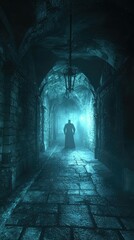 Obraz premium Mysterious Figure in Dimly Lit Gothic Alleyway at Night