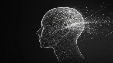 Obraz premium A portrait of a woman's face rendered in wireframe style using lines and dots, featuring a dark background with shimmering particles.