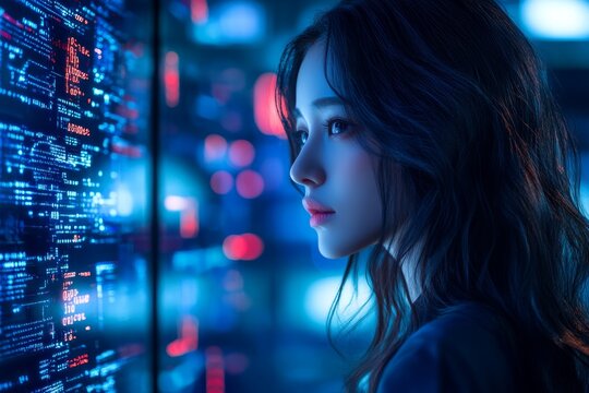 The merging of a woman's face with digital code, symbolizing a cutting-edge vision of stock markets or virtual reality, is portrayed on a dark backdrop illuminated by shimmering data.