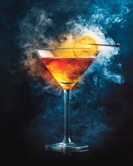 Illuminated Cocktail Glass with Smoke and Citrus Garnish