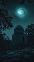 Fototapeta premium Dark Night Sky Over Observatory with Beautiful Celestial Scene