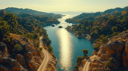 Stunning Aerial View of Serene River Passing Through Lush Green Forested Mountains at Sunrise Offering Breathtaking Landscape Photography Nature Scene Tranquility