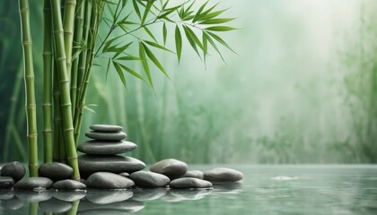 Obraz premium Serene Zen Garden: Stacked Stones, Bamboo, and Tranquil Water Reflection Background