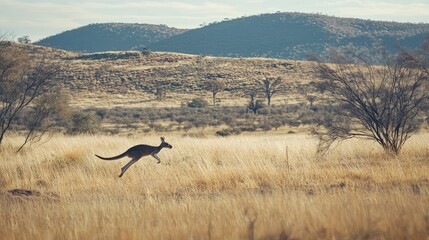 Kangaroo Leaping Across Wide Grassland Under Clear Blue Sky