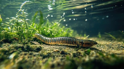 Obraz premium Underwater Close-Up of an Aquatic Worm in a Freshwater Environment