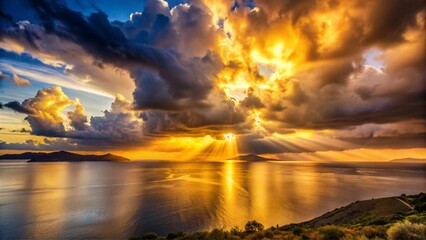 Obraz premium A golden sunrise breaking through heavy storm clouds over the Aegean Sea