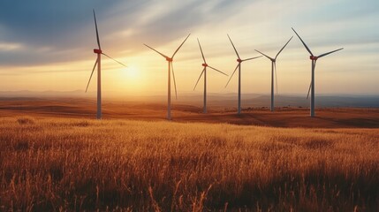 Wind turbines generating clean energy at sunset in a golden field