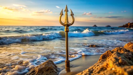 A trident embedded in the shore, symbolizing Poseidon&rsquo;s wrath