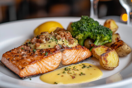 Pav&eacute; de saumon grill&eacute;, sauce hollandaise, patates et brocoli