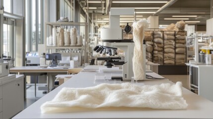 Detailed image of a test lab where scientists analyze organic cotton fibers under a microscope highlighting the purity and quality of materials used in ecoconscious textile production.