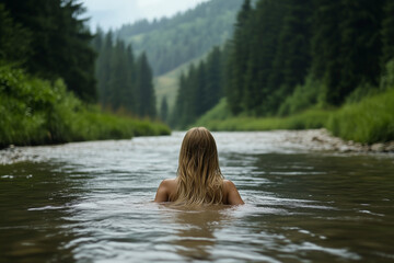 Fototapeta premium Femme de dos se baignant dans une rivière