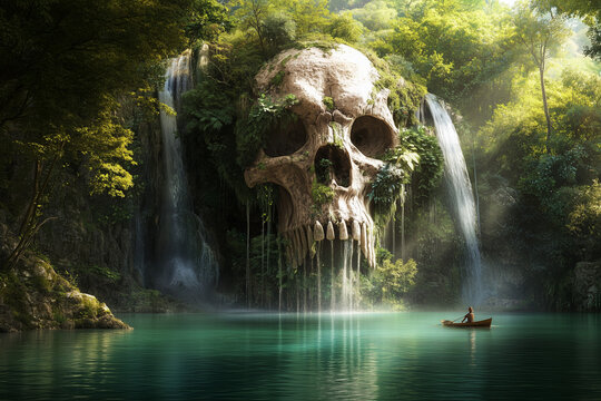 Grotte en forme de t&ecirc;te de mort dans la jungle