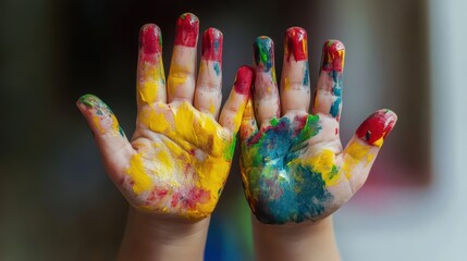 A child's hands painted in bright colors, showing off their creative artwork, highlight the joy and educational value of artistic expression and learning.