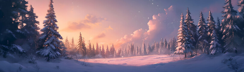 Tranquil winter forest landscape at sunset, snow-covered pines under a soft sky