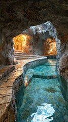 Serene Cave Pool with Crystal Clear Water and Stone Pathways