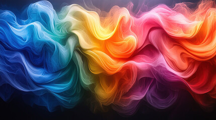 Obraz premium Abstract swirling motion of rainbow spectrum colors blending together, creating a dynamic, energetic design with vibrant hues of red, orange, yellow, green, blue, and purple on a dark background 
