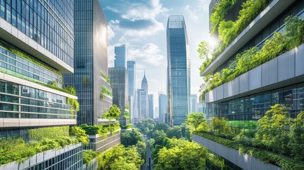 Obraz premium A cityscape showcasing a green community with a focus on business development strategies that emphasize environmental sustainability.