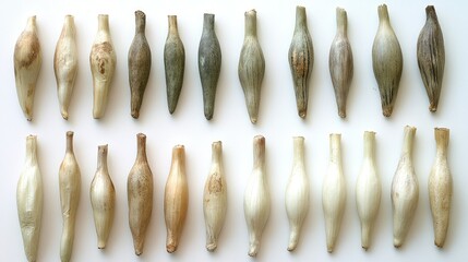 Collection of dried, elongated seed pods arranged in rows on white background.