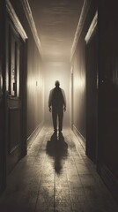 Fototapeta premium Mysterious Figure Walking Down Dimly Lit Haunted Hallway