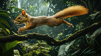 Obraz premium Squirrel Leaping Through Lush Green Jungle Landscape in Action