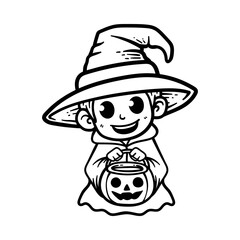 fun cartoon wizard kid hold pumpkin isolated drawing line art style sketch classic vintage design illustration