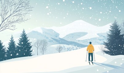 A cheerful skier stands with his skis ready, framed by the Alps. The backdrop features clear blue skies and rocky peaks, reflecting a winter sports environment at a ski resort in modern illustration.