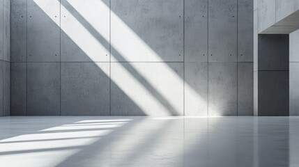Obraz premium Sunlight streams through windows in a minimalist concrete room.