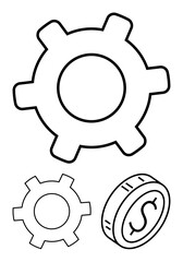Gears of varied sizes and a coin with a dollar sign emphasize teamwork, business growth, and financial systems. Ideal for productivity, economy, innovation, workflows, value, planning abstract line