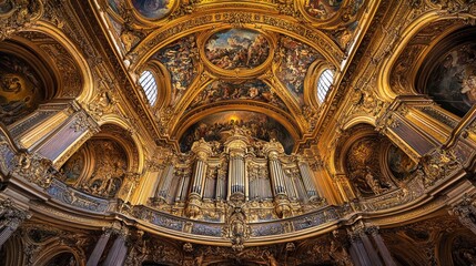 Obraz premium Ornate church pipe organ, gilded ceiling, France, religious architecture.