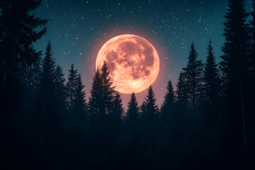 Fototapeta premium Blood moon rising over a dark forest at night.