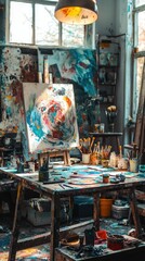 Fototapeta premium Vibrant Art Studio with Paints and Colorful Abstract Canvas