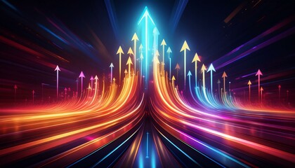 vibrant glowing arrows ascend a dynamic light trail symbolizing growth progress and a bright future the converging lines suggest a journey towards success