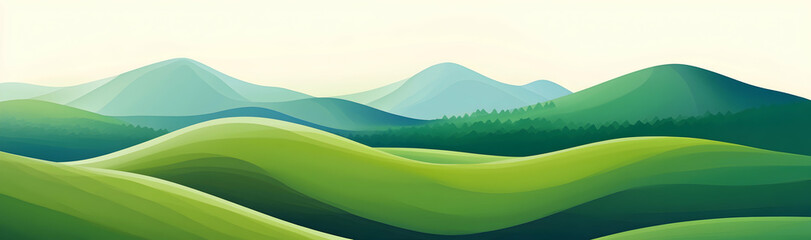 Fototapeta premium Verdant abstract landscape illustration featuring rolling green hills and majestic mountains