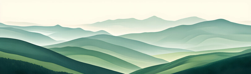 Verdant abstract landscape illustration featuring rolling green hills and majestic mountains