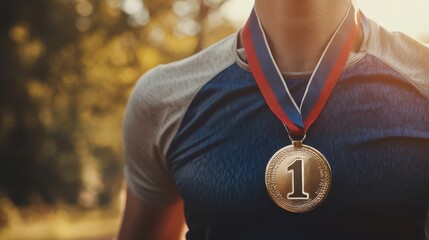 A compelling image of a winner’s medal with a prominent number 1 hanging around the neck of a sports person, symbolizing their victory in a race.