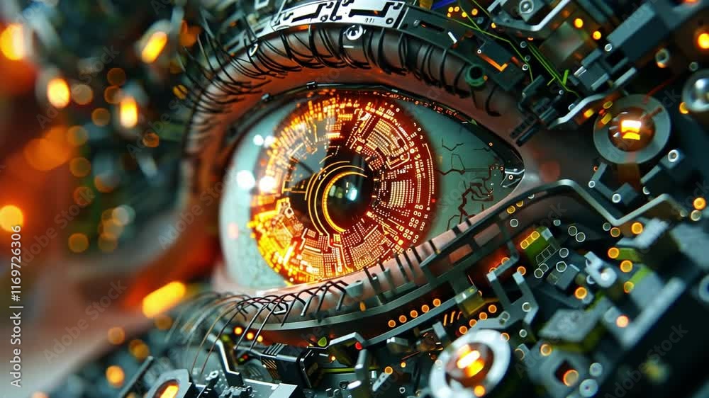 Poster a close-up view reveals a detailed eye design integrated with complex circuitry and glowing elements