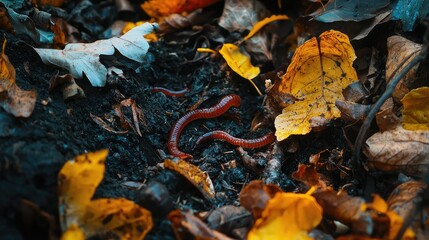 Obraz premium Earthworms Among Autumn Leaves in Rich Soil Environment