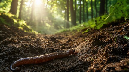Fototapeta premium Close-Up of Millipede on Soil Path in Forest with Sunlight
