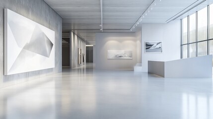 Obraz premium Modern art gallery interior with white walls, concrete, and large windows showcasing abstract artwork.