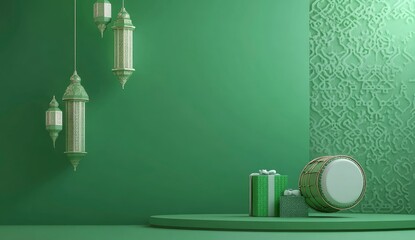 3D rendering of a background. I want to create an advertising background for the Muslim holiday Ramadan Kareem with a green color. There is a Ramadan drum and lantern hanging on a mosque wall