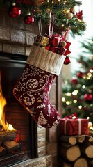 Cozy Christmas Stocking Filled with Gifts by the Fireplace