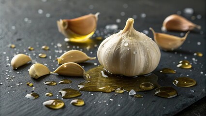 In this macro shot a single garlic capsule is surrounded by a halo of translucent oil droplets hinting at its heartsupporting properties. Nearby crushed garlic cloves are