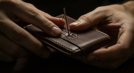 Hands crafting leather wallet with intricate stitching details in low light
