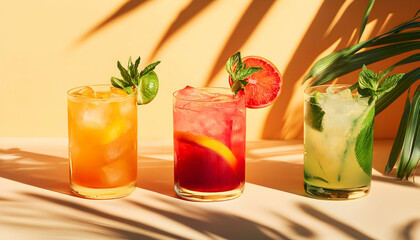 Fototapeta premium Vibrant tropical summer cocktails, colorful drinks on a sunny beach