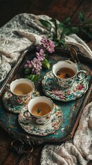Elegant Tea Setup with Vintage Floral Cups and Delicate Accessories